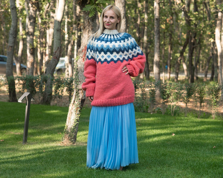 Pink Lopi Wool Sweater, Hand Knitted Icelandic Pullover T823W