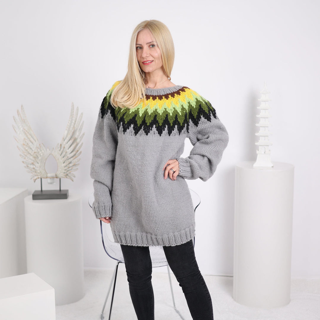 Lopi Wool Sweater – Hand Knitted Icelandic Gray Pullover T1632