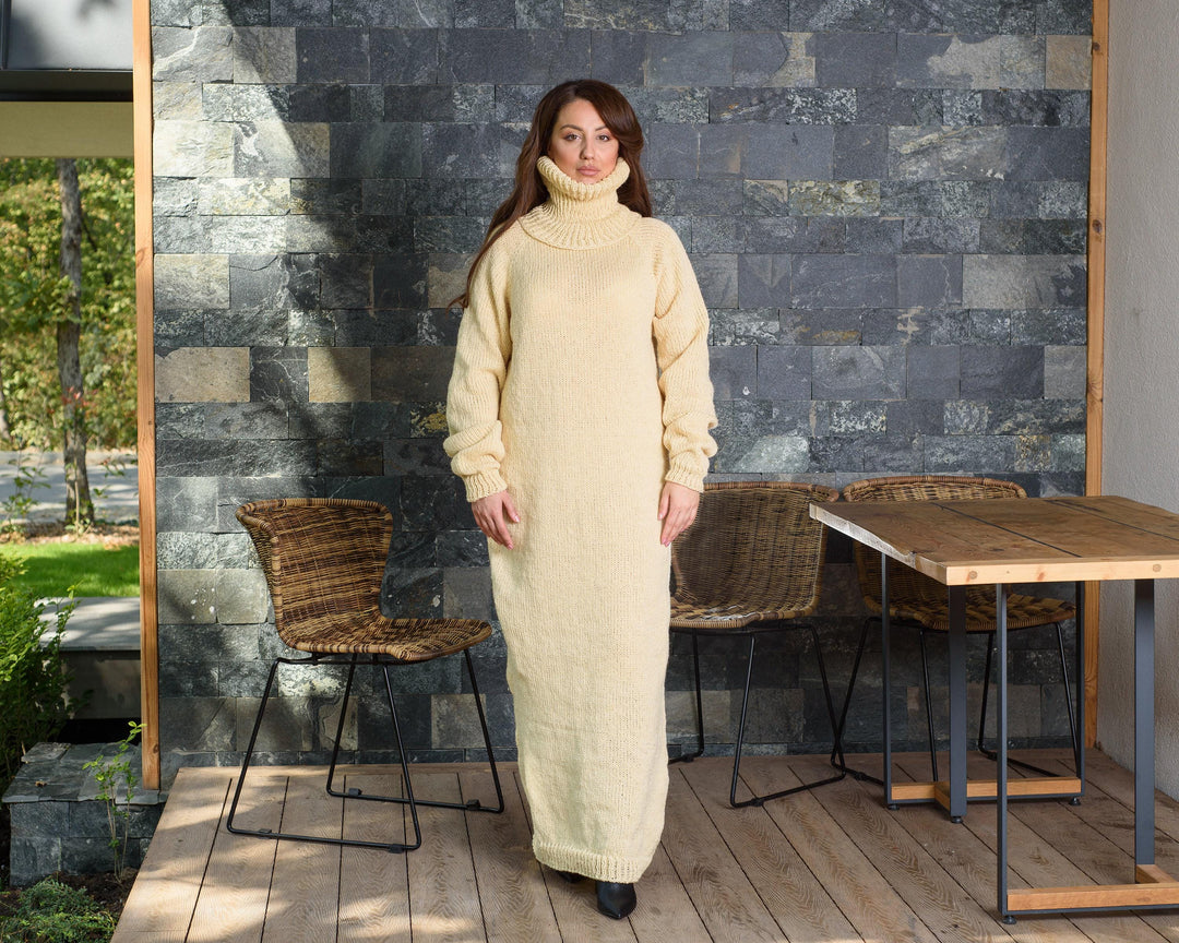 Hand Knitted 100% Wool Maxi Dress, Cream Sweater Robe T890