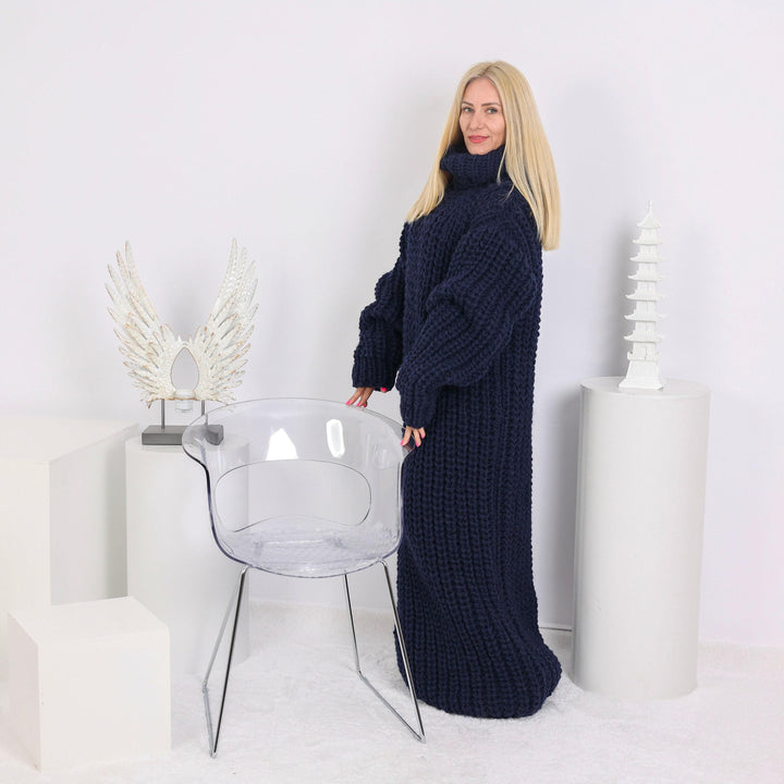 5 Strands Mixed Yarns Sweater Dress, Hand Knitted Chunky Long Maxi Dress T1655