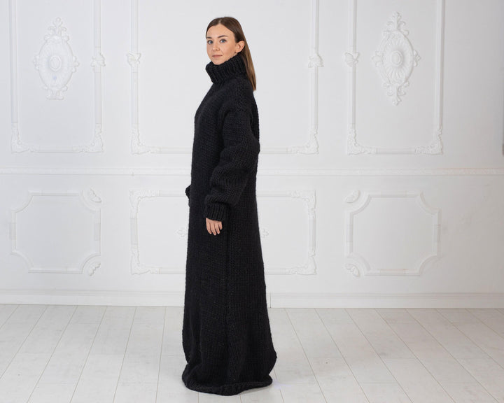 Black Wool Knit Maxi Dress, Chunky Turtleneck Sweater Dress