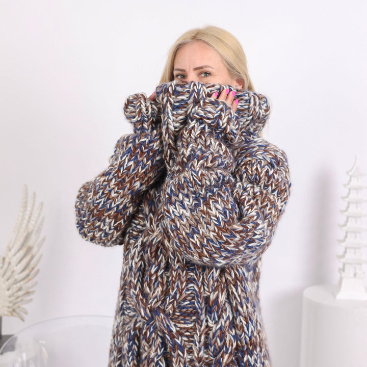 5 Strands Wool Dress, Hand Knitted Chunky Maxi Dress with 50 cm Turtleneck T1656