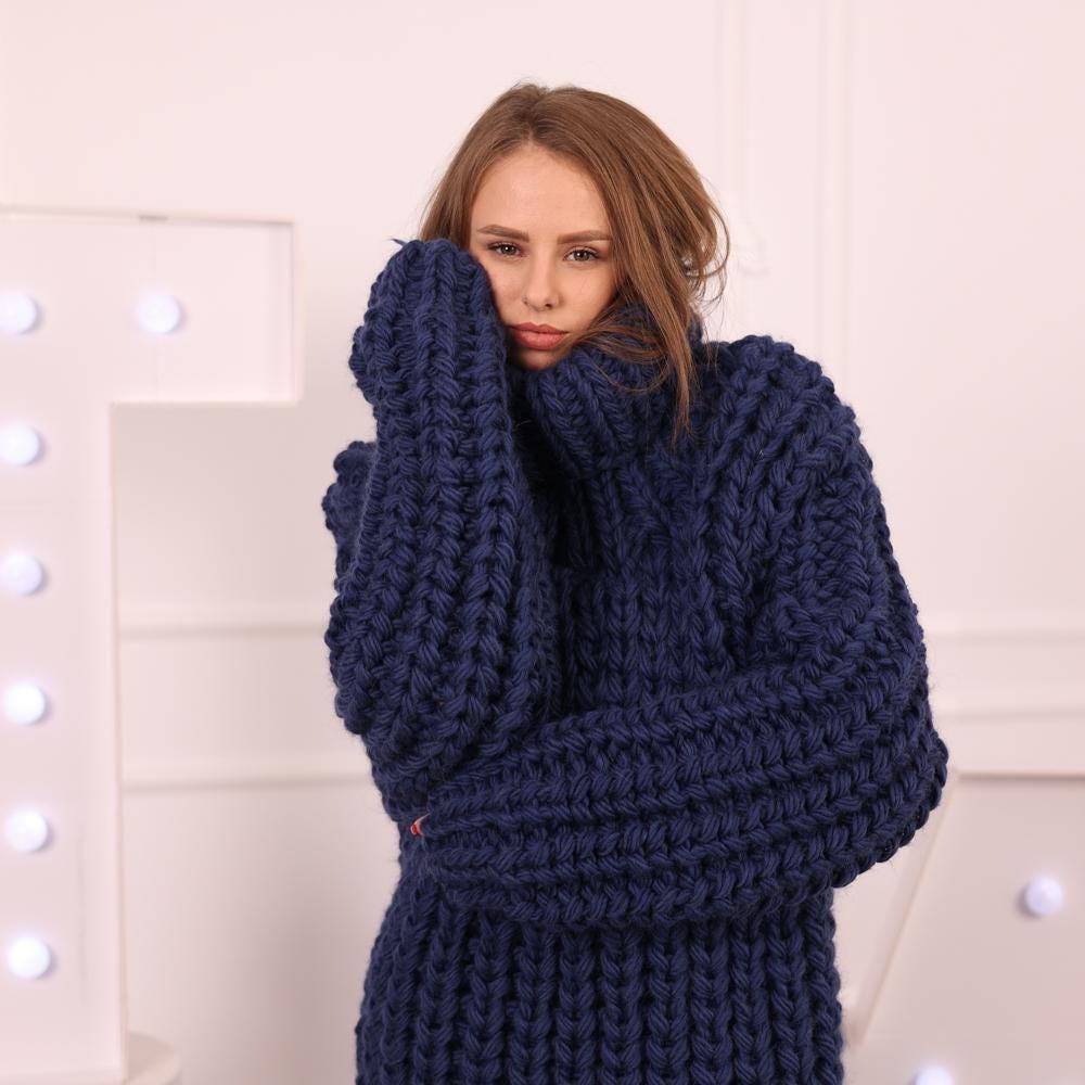 Denim Blue Wool Dress, Hand Knitted 5 Strand English Rib Long Maxi Dress T2034