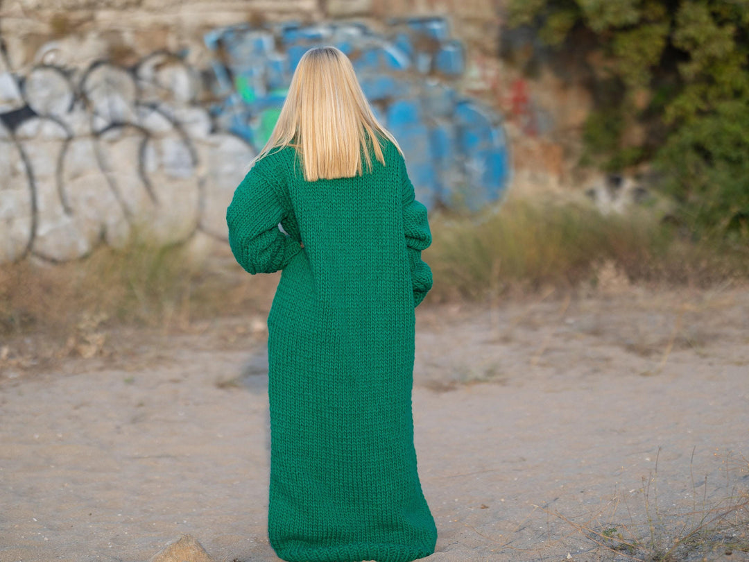Green Wool Knit Turtleneck Maxi Sweater Dress T1237