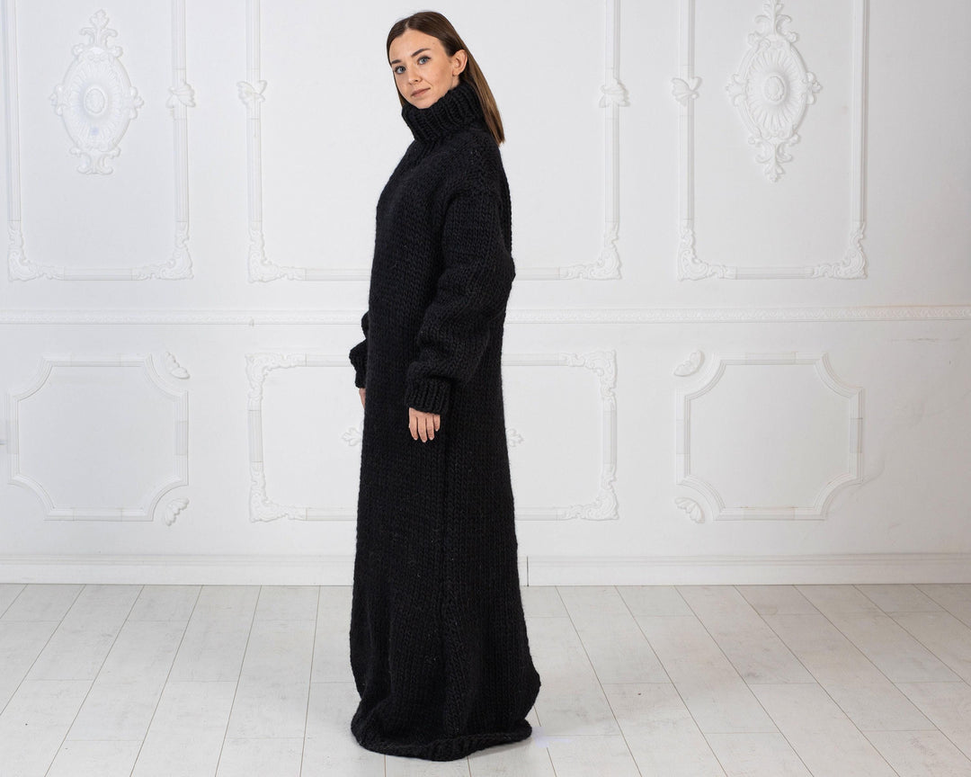 Black Wool Knit Maxi Dress, Chunky Turtleneck Sweater Dress