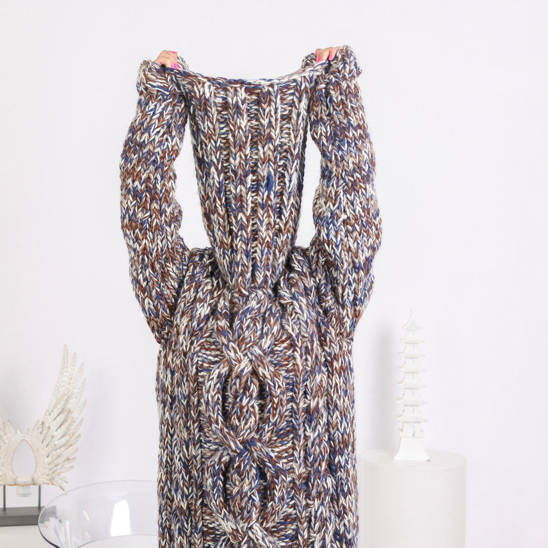 5 Strands Wool Dress, Hand Knitted Chunky Maxi Dress with 50 cm Turtleneck T1656