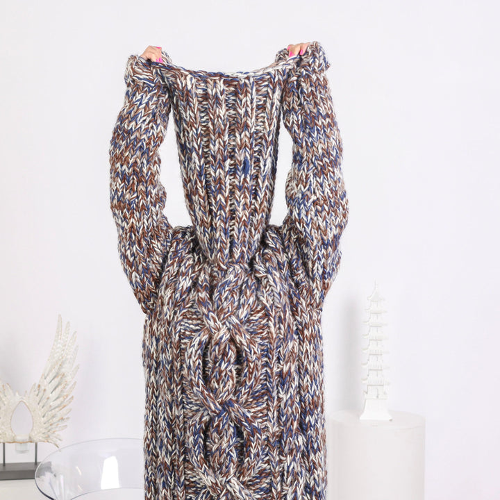 5 Strands Wool Dress, Hand Knitted Chunky Maxi Dress with 50 cm Turtleneck T1656