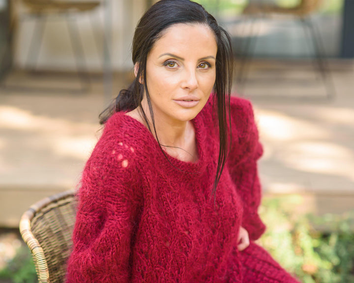 Lace Mohair Dress, Hand Knitted Bordeau Red Lace Sweater Maxi Robe T845