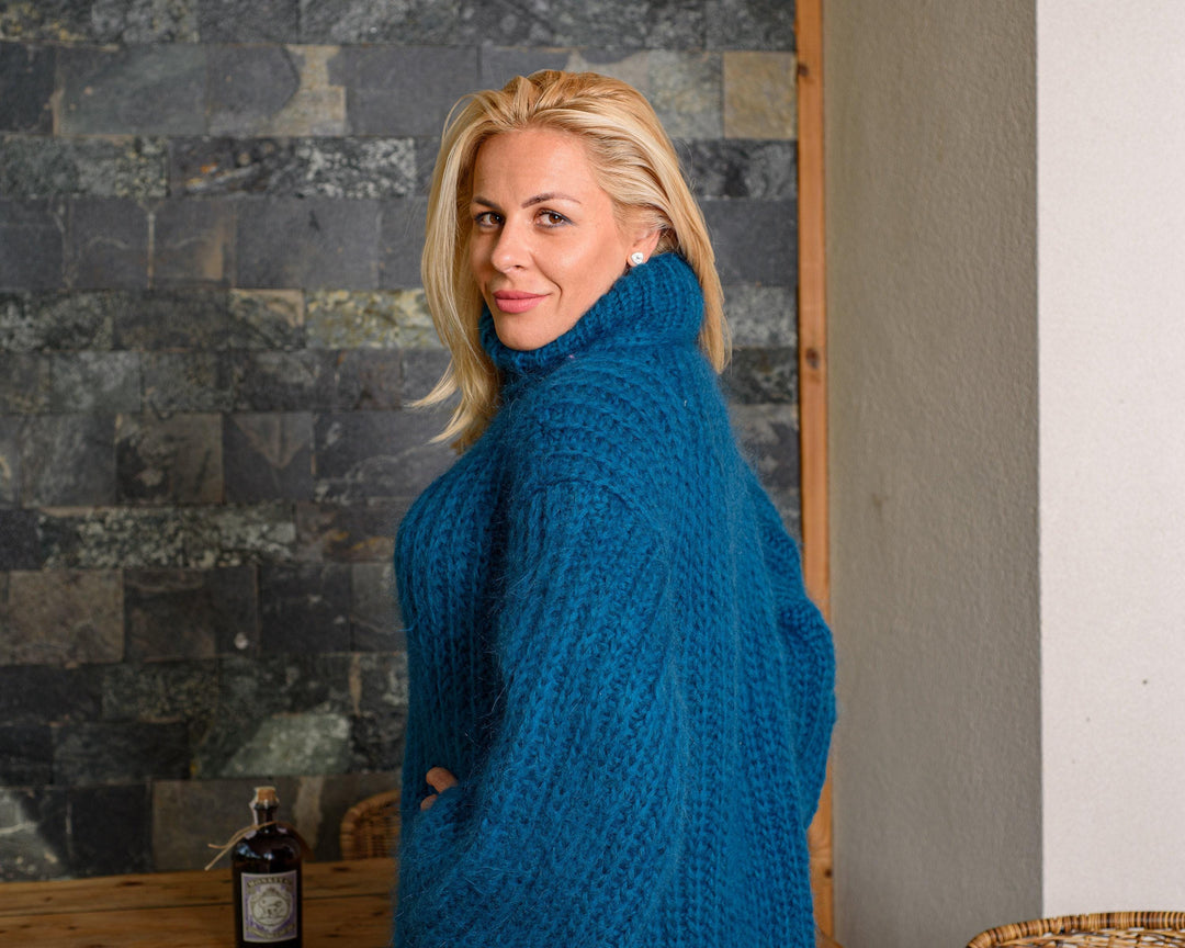 English Rib Mohair Sweater Dress, Hand Knitted Chunky Fluffy Blue Jumper T833