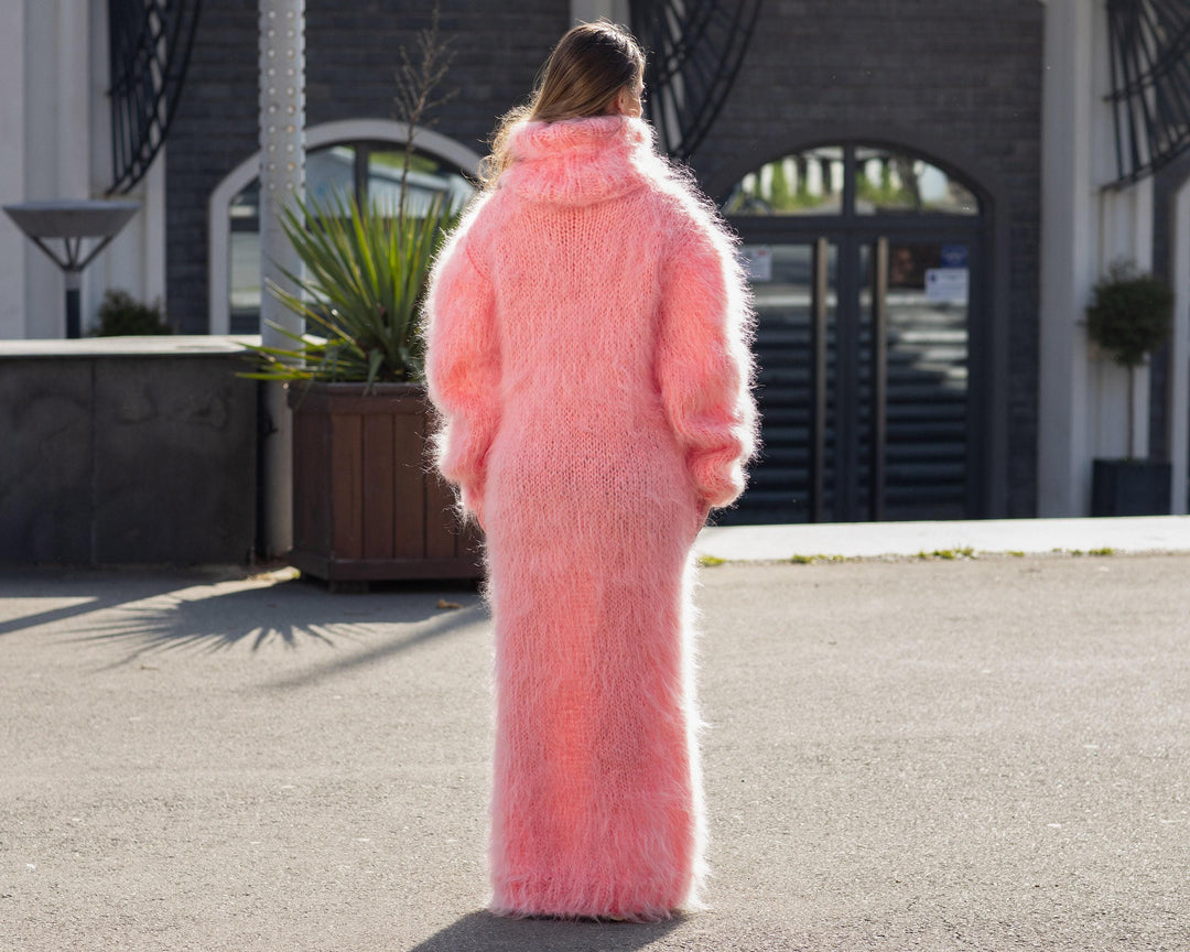 Pink Mohair Maxi Dress, Hand Knit Turtleneck Sweater Dress