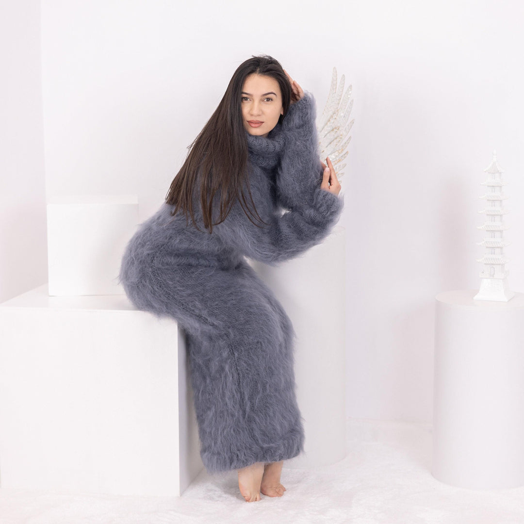 Hand Knit Gray Mohair Maxi Dress, Fluffy Turtleneck T1598