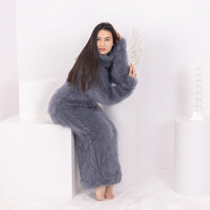 Hand Knit Gray Mohair Maxi Dress, Fluffy Turtleneck T1598