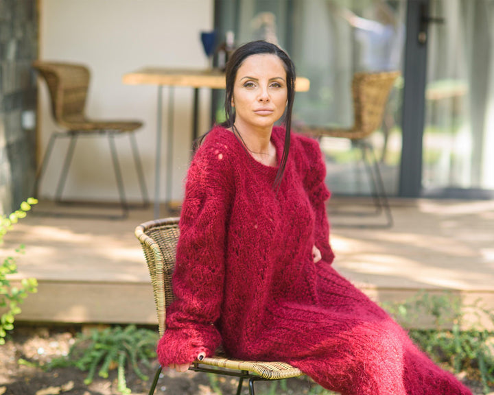 Lace Mohair Dress, Hand Knitted Bordeau Red Lace Sweater Maxi Robe T845