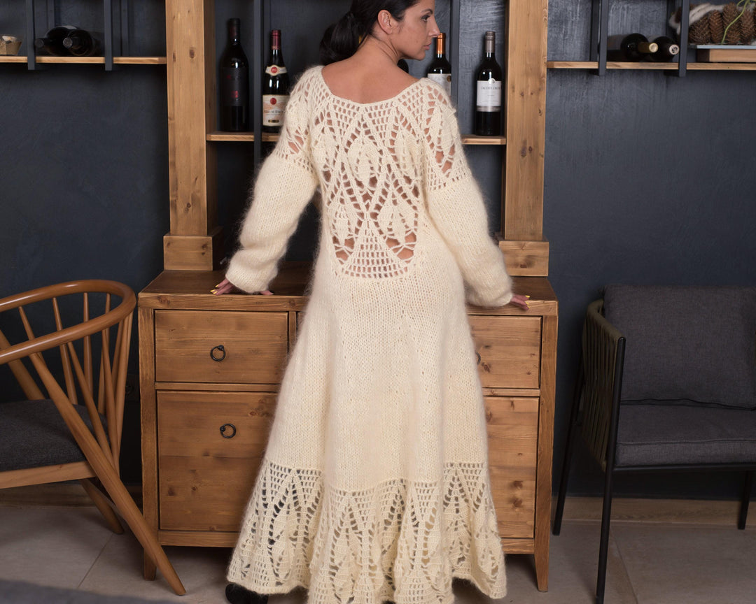 Mohair Wedding Dress, Hand Knitted Crochet Maxi Bridal Gown T847