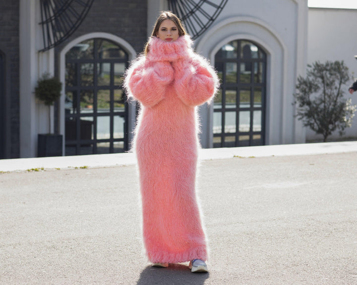 Pink Mohair Maxi Dress, Hand Knit Turtleneck Sweater Dress
