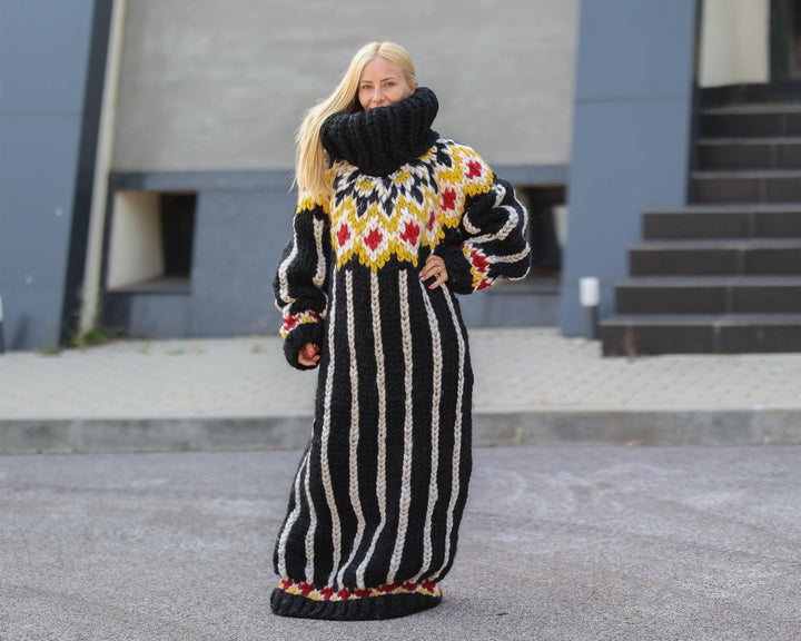 100% Merino Wool Sweater Dress, Extra Chunky Maxi Dress with 50 cm Turtleneck T1499