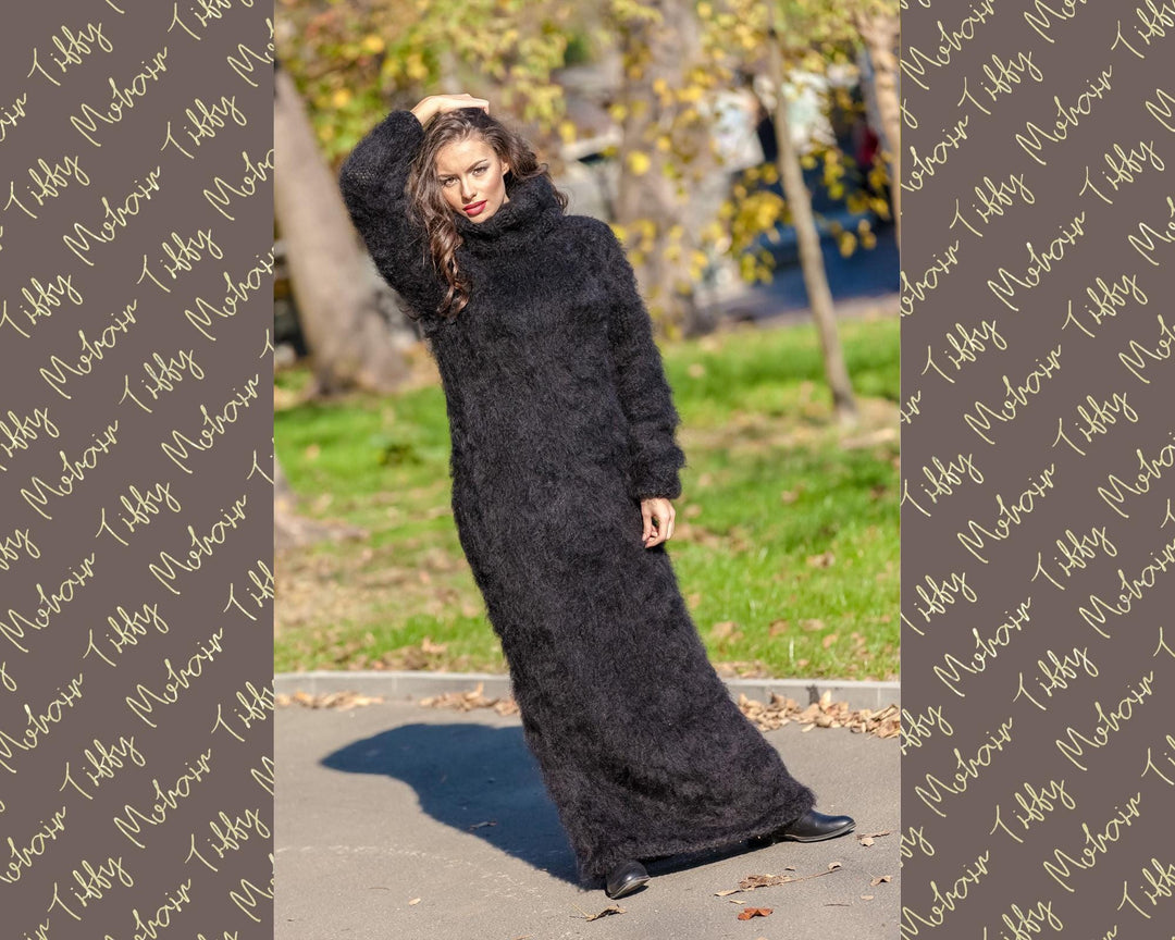 Black Mohair Sweater Dress, Hand Knitted Chunky Fluffy Turtleneck Maxi Dress T391