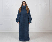 Robe pull en laine extra épaisse, robe longue à col roulé tricotée main en côte anglaise T1019