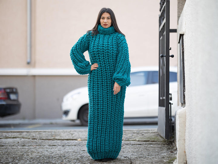 Extra Chunky Wool Sweater Dress, Hand Knitted English Rib Turtleneck Maxi Dress T1168