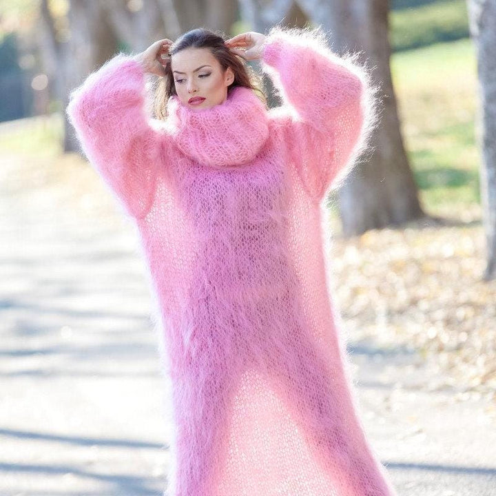 Mohair Sweater Dress, Hand Knitted Loose Turtleneck Maxi Dress with Open Knit Details T392