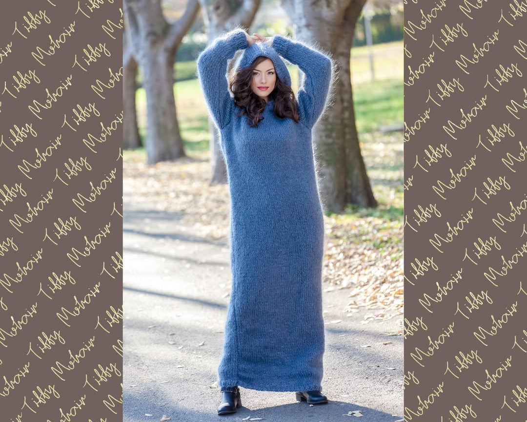 Gray Mohair Sweater Dress, Hand Knitted Chunky Hooded Turtleneck Maxi Dress T390