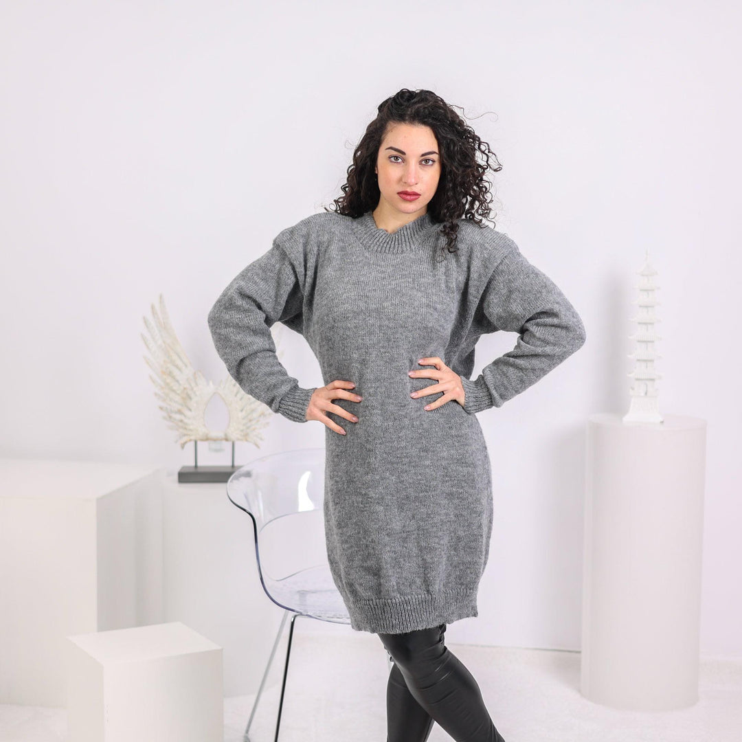 Gray Alpaca Sweater Dress, Hand Knitted Midi Dress T1637