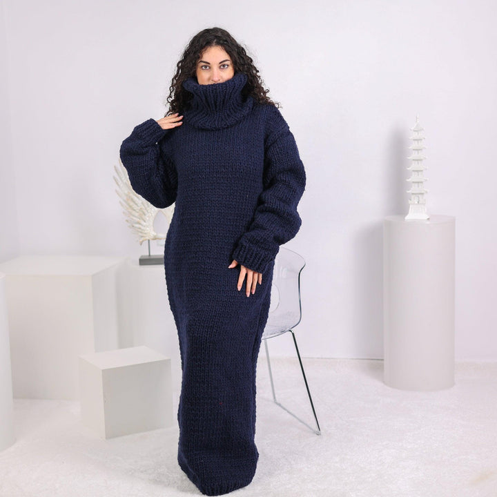 5 Strands Mixed Yarns Sweater Dress, Hand Knitted Chunky Long Dress T1639