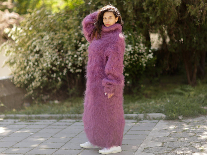 Hand Knit Mohair Turtleneck Maxi Dress, Fluffy Pink Sweater Dress T1057