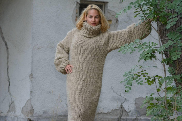 Eco Wool Sweater Dress, Hand Knitted Beige Chunky Turtleneck Maxi Dress