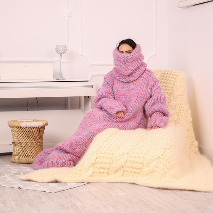 11 Strands Mohair Wool Sweater Dress, 9 kg Hand Knitted Extra Long Turtleneck T1978