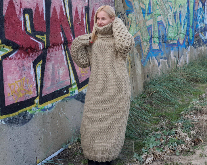 5 Strands Eco Wool Sweater Dress, Hand Knitted Chunky Turtleneck Maxi Dress T912