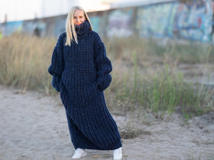 6 Strands Mixed Yarns Sweater Dress, Hand Knitted Chunky Long Dress T1248