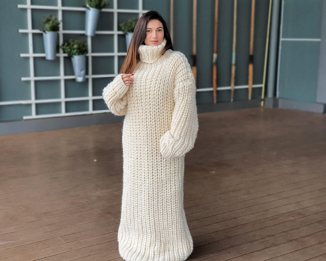 Extra Chunky Wool Sweater Dress, Hand Knitted English Rib Turtleneck Maxi Dress T934