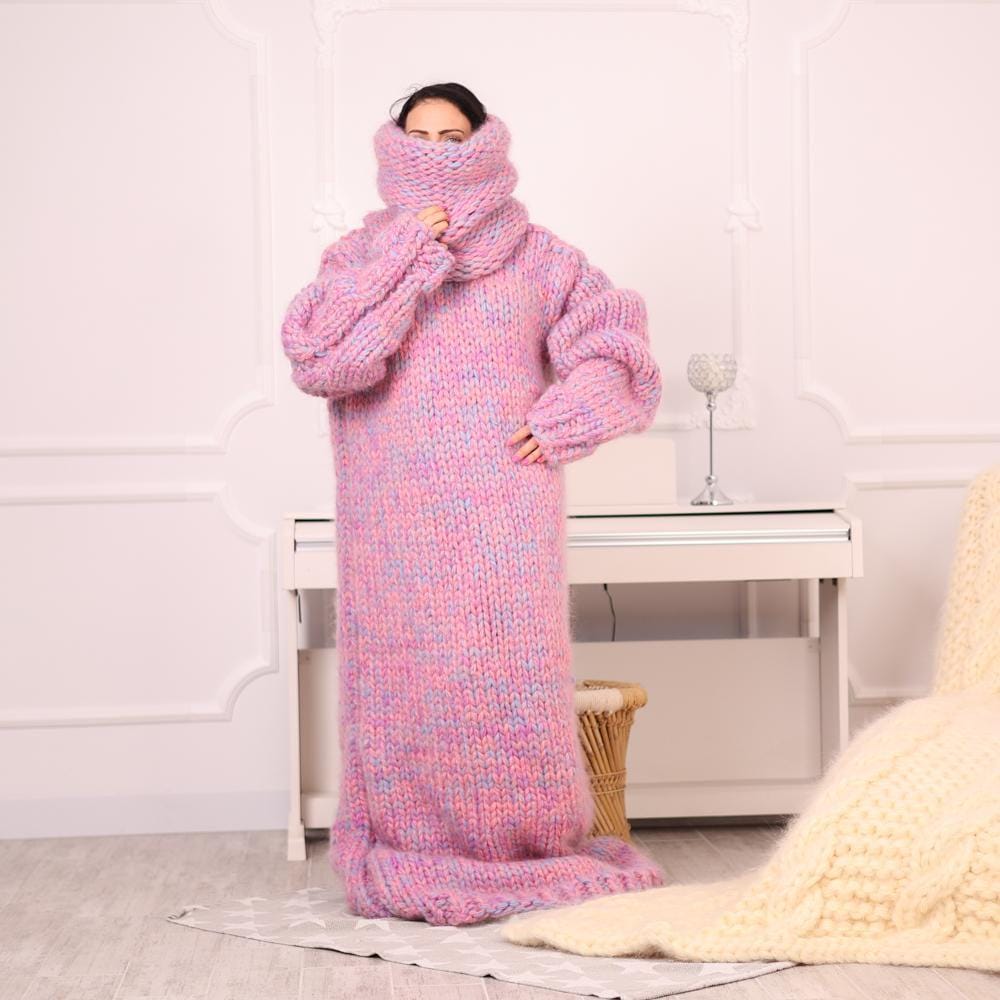 11 Strands Mohair Wool Sweater Dress, 9 kg Hand Knitted Extra Long Turtleneck T1978