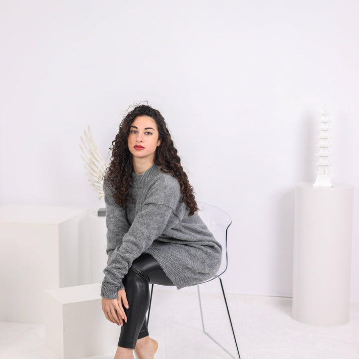 Gray Alpaca Sweater Dress, Hand Knitted Midi Dress T1637