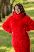 Handgestricktes Mohair-Sweaterkleid, flauschiger Rollkragenpullover mit Rippenmuster und Fäustlingen T333