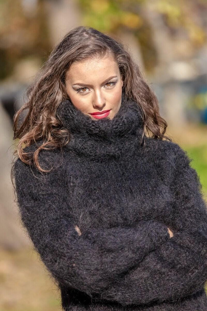 Black Mohair Sweater Dress, Hand Knitted Chunky Fluffy Turtleneck Maxi Dress T391