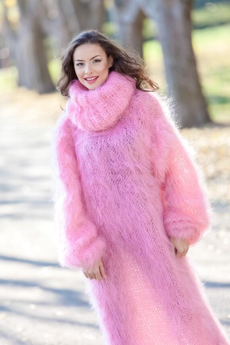 Mohair Sweater Dress, Hand Knitted Loose Turtleneck Maxi Dress with Open Knit Details T392