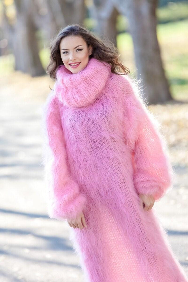 Mohair Sweater Dress, Hand Knitted Loose Turtleneck Maxi Dress with Open Knit Details T392