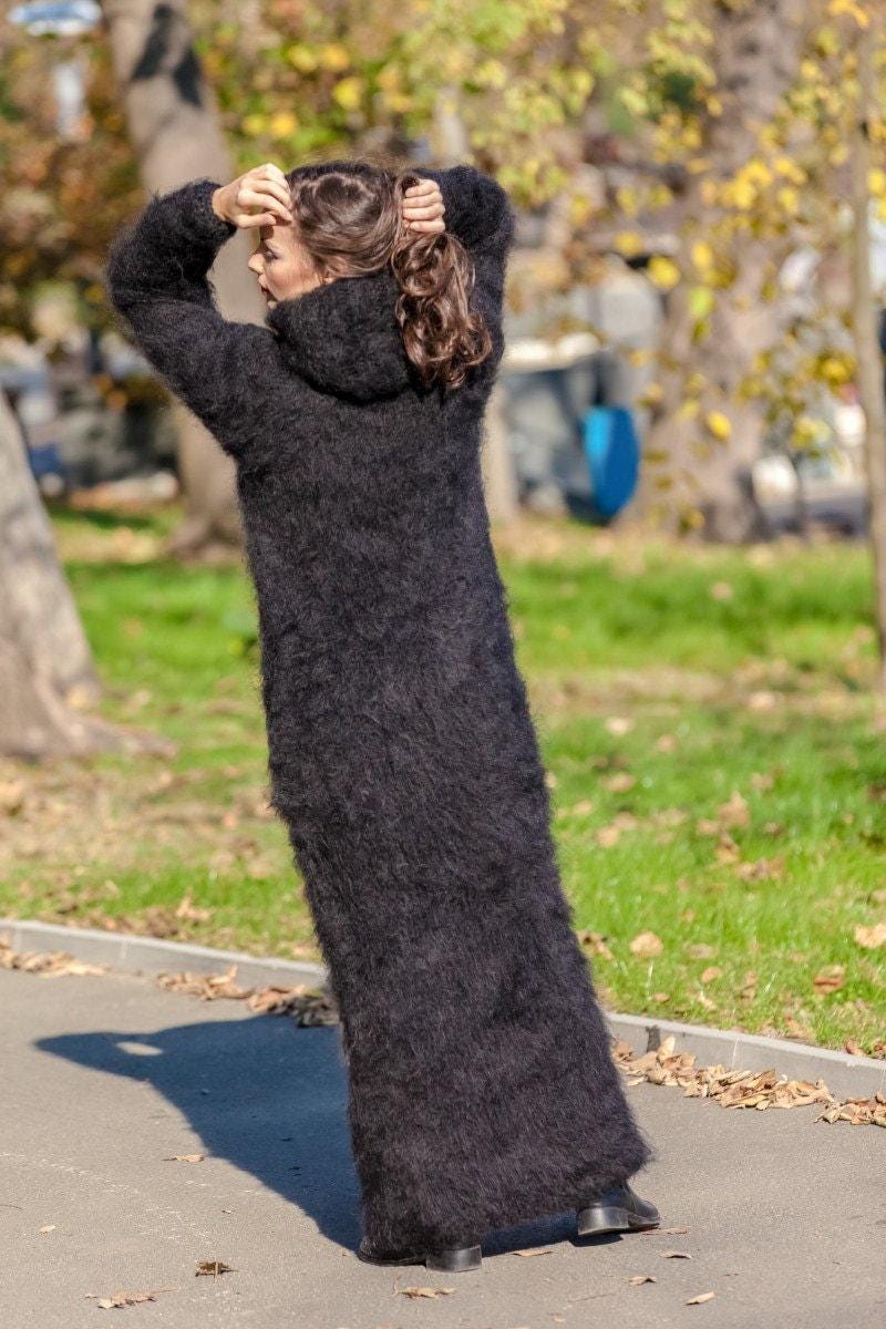 Black Mohair Sweater Dress, Hand Knitted Chunky Fluffy Turtleneck Maxi Dress T391