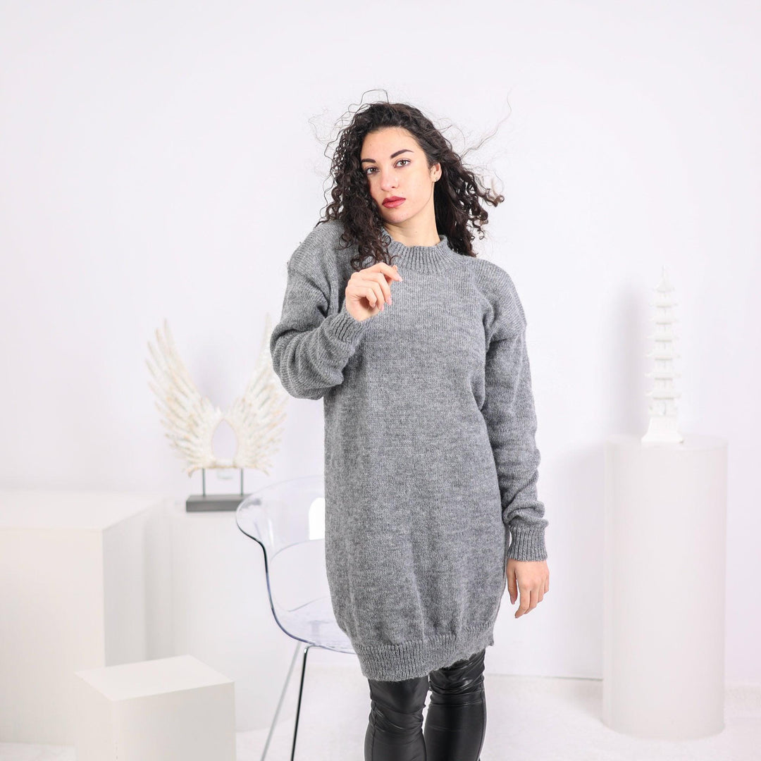Gray Alpaca Sweater Dress, Hand Knitted Midi Dress T1637