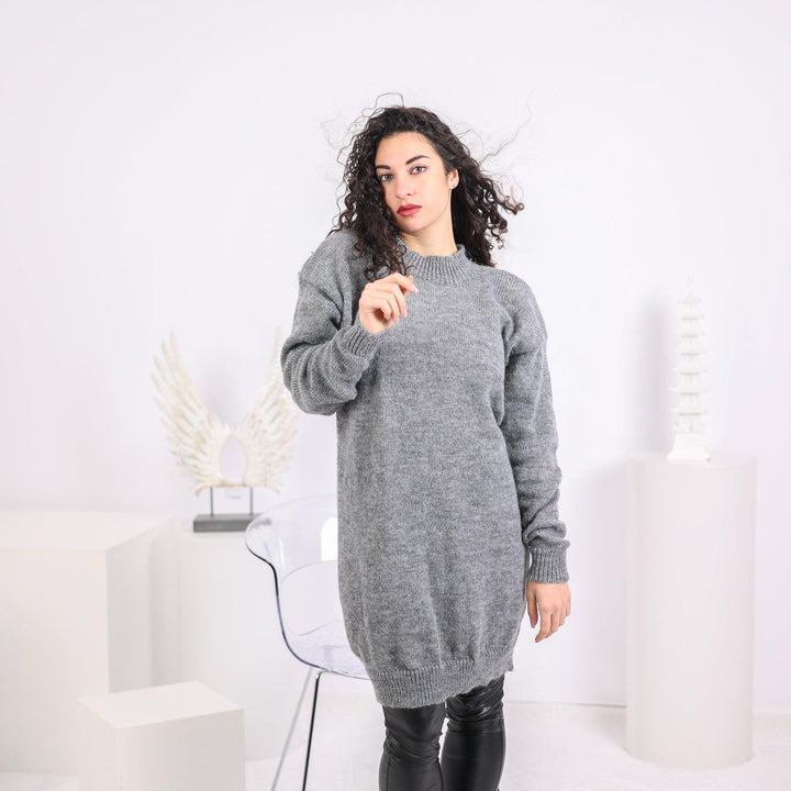 Gray Alpaca Sweater Dress, Hand Knitted Midi Dress T1637