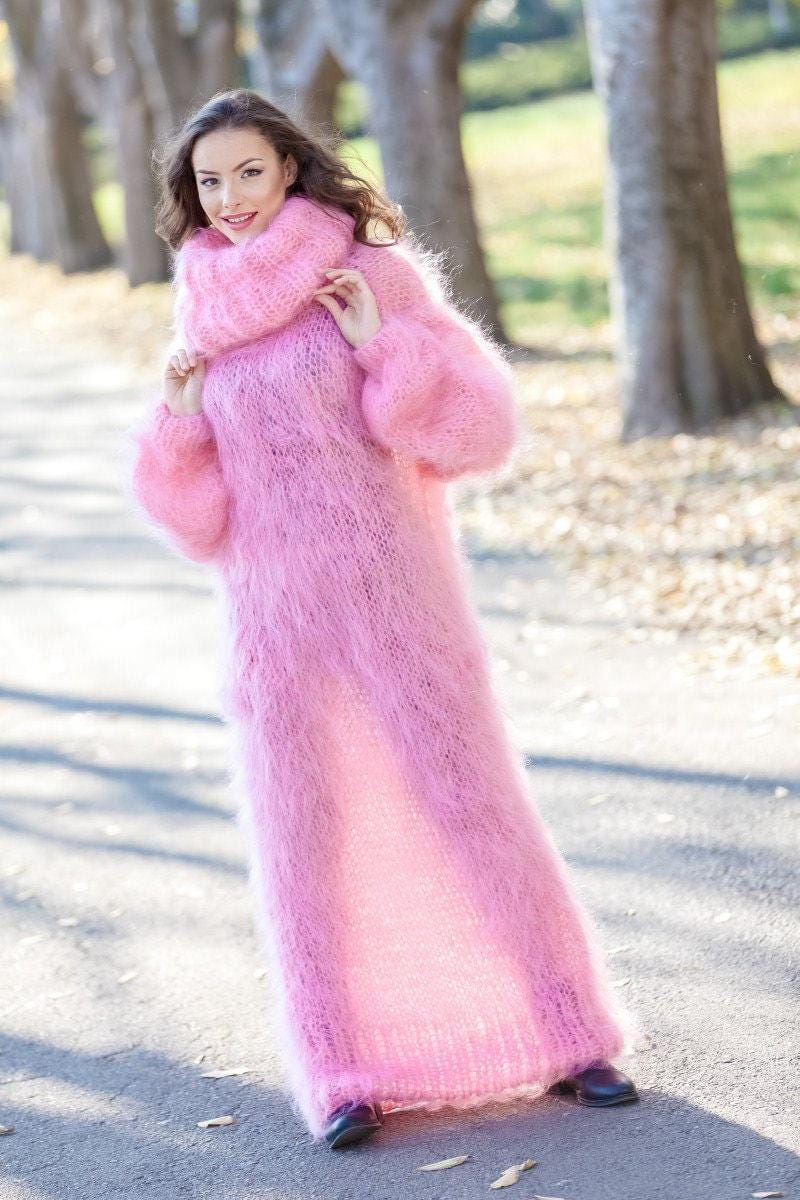 Mohair Sweater Dress, Hand Knitted Loose Turtleneck Maxi Dress with Open Knit Details T392