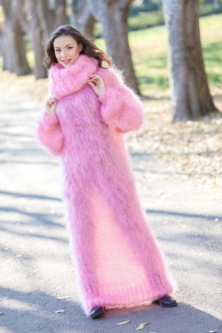 Mohair Sweater Dress, Hand Knitted Loose Turtleneck Maxi Dress with Open Knit Details T392