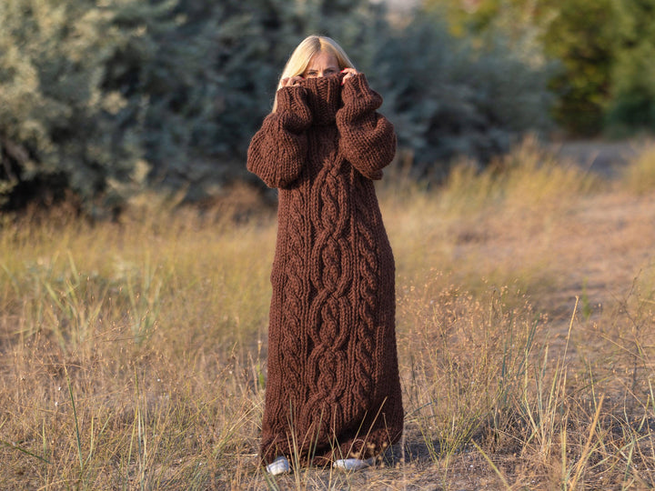 5 Strands Brown Wool Sweater Dress, Hand Knitted Chunky Turtleneck Maxi Dress T1238