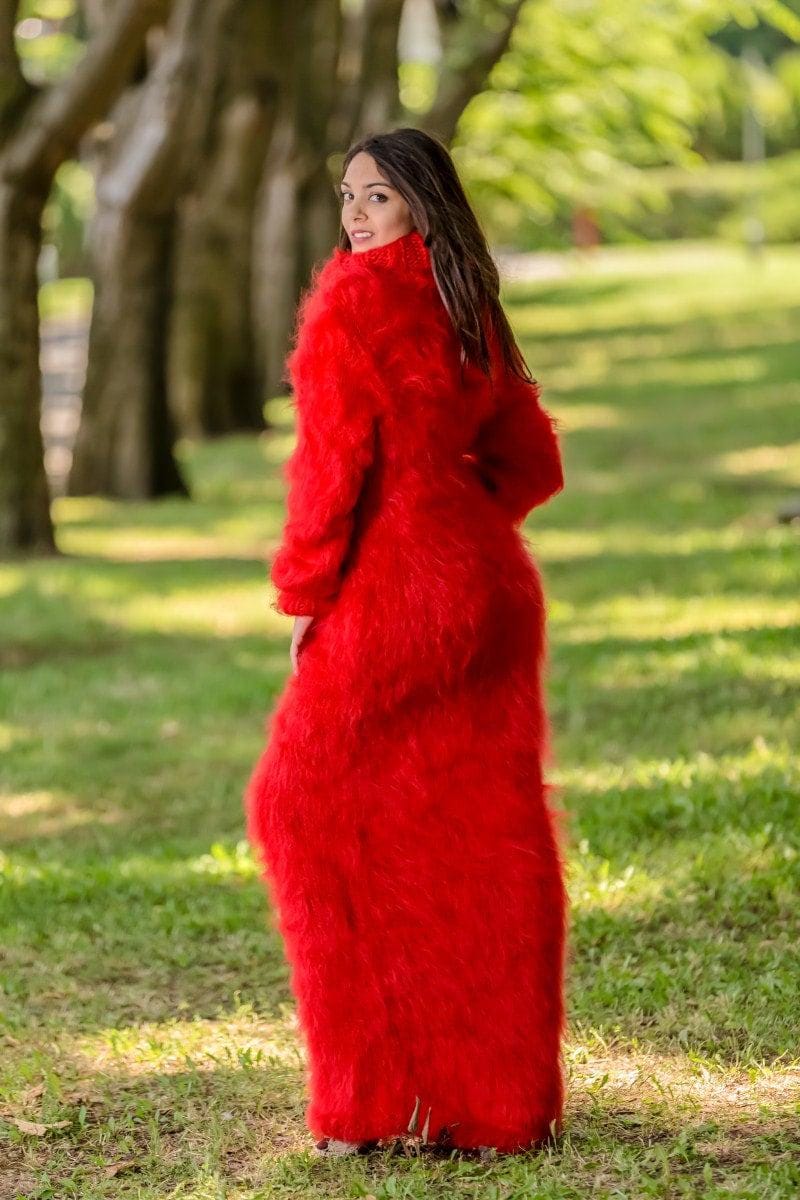 Hand Knitted Mohair Sweater Dress, Fluffy Ribbed Turtleneck Pullover with Mittens T333