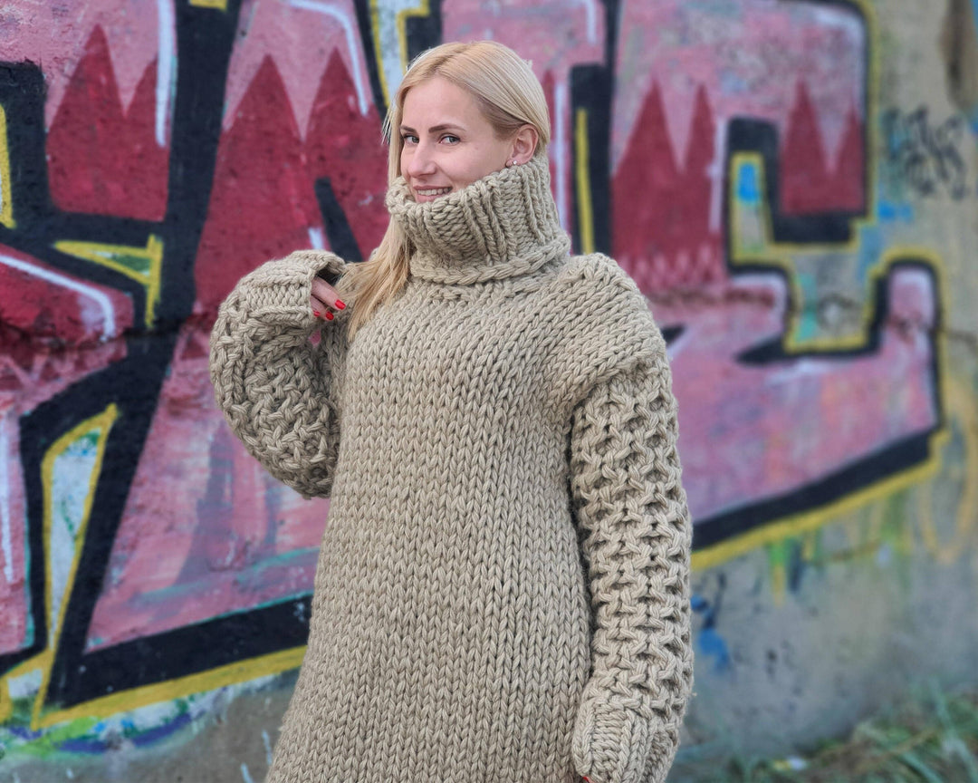 5 Strands Eco Wool Sweater Dress, Hand Knitted Chunky Turtleneck Maxi Dress T912