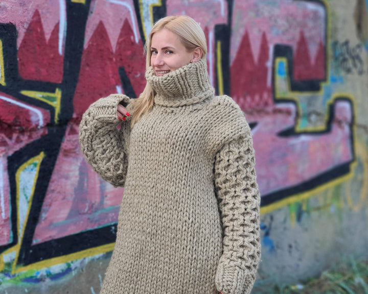 5 Strands Eco Wool Sweater Dress, Hand Knitted Chunky Turtleneck Maxi Dress T912