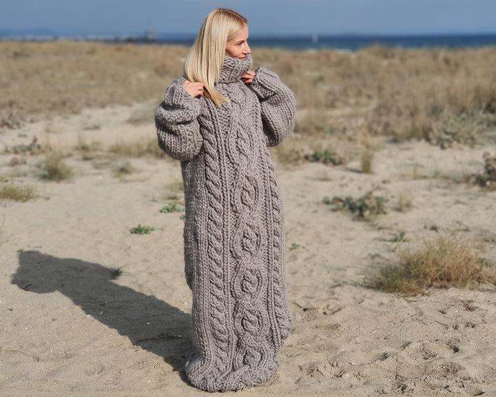 5 Strands Gray Wool Sweater Dress, Hand Knitted Chunky Turtleneck Maxi Dress T911