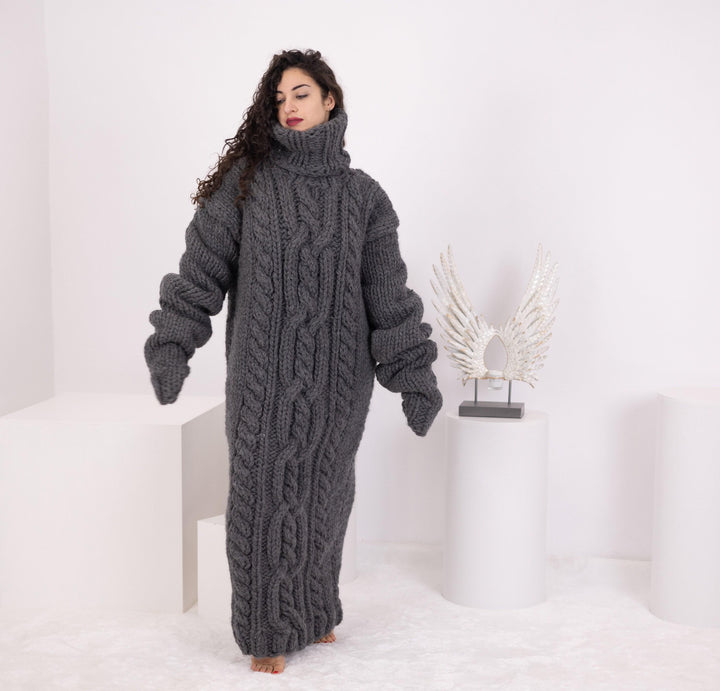 Chunky Gray Hand Knitted Maxi Dress with 100 cm Sleeves and Turtleneck T1550